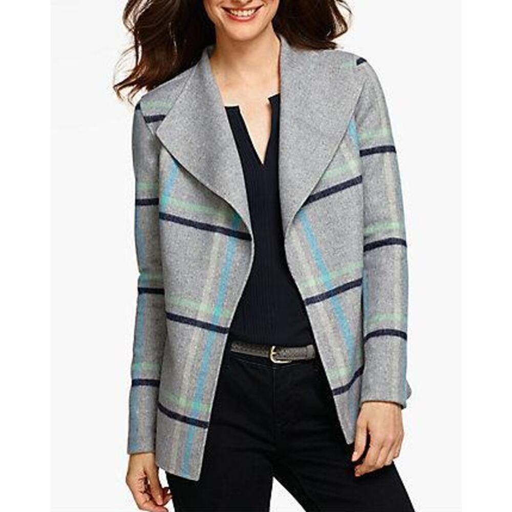 Talbots Plaid Cardigan Jacket Women's Size M Gray Wool Blend Open‎ Front